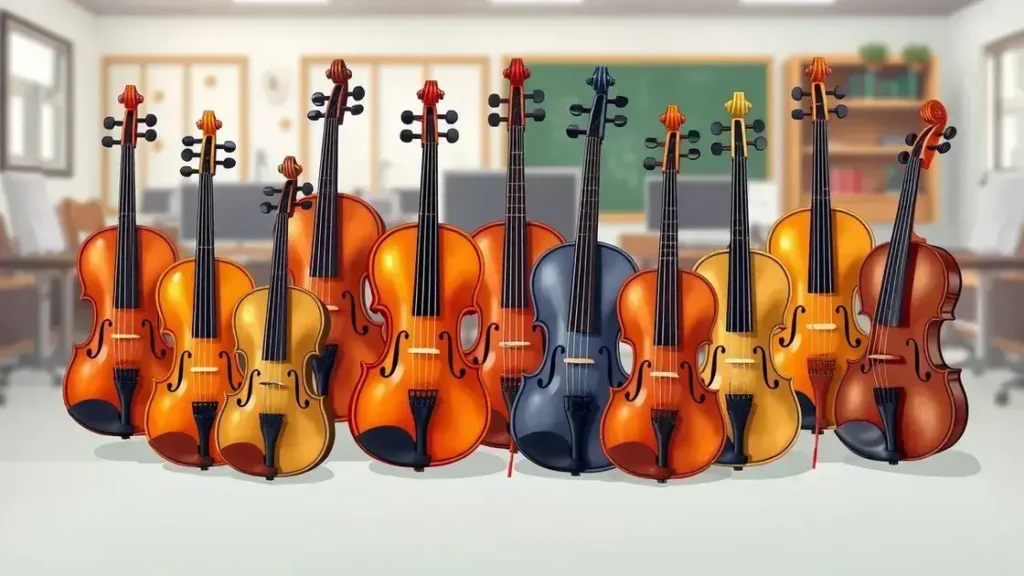 Uma imagem ilustrativa que mostra a variedade de violinos disponíveis, destacando o design e a qualidade de cada modelo.